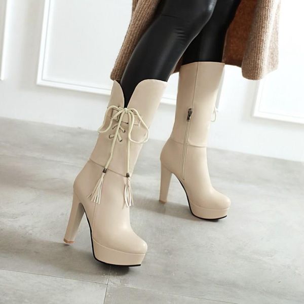 

boots big size 9 10 11 12 women woman winter shoes botas side zipper with cross strap tassel pendant, Black