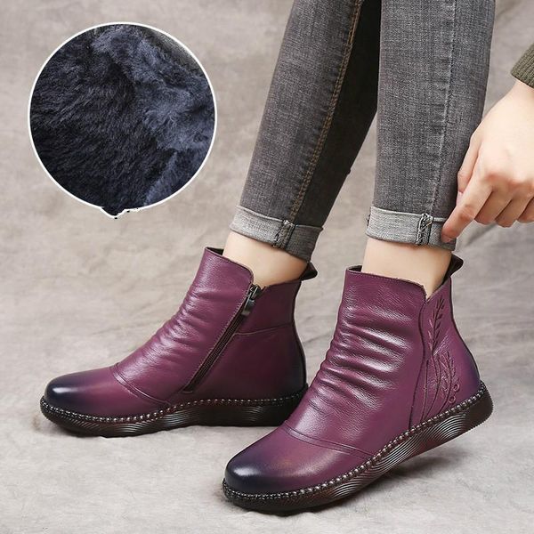 

boots vintage genuine leather winter for women flat low heel embroidery round toe zip autumn ankle 2021, Black