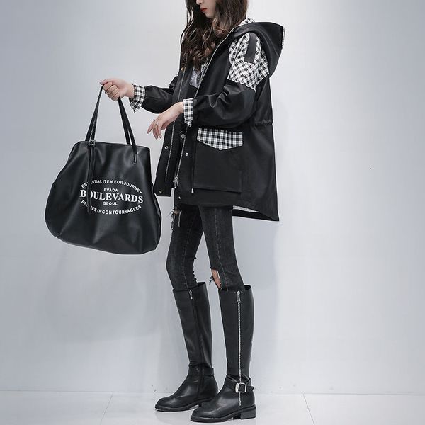 

women's wool & blends junsrm sewing mid-length female blouse korean style slimming age-temperament-reducing plaid jacket with hoodie o3, Black