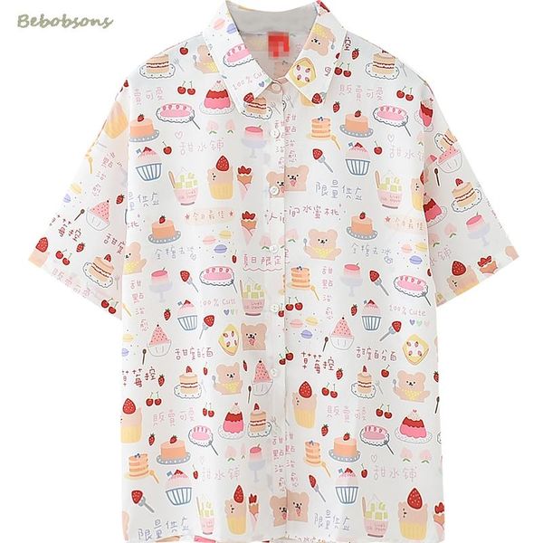 

summer design women chiffon blouse cute sweet lolita shirt pink cartoon printed loose preppy style women's blouses & shirts, White