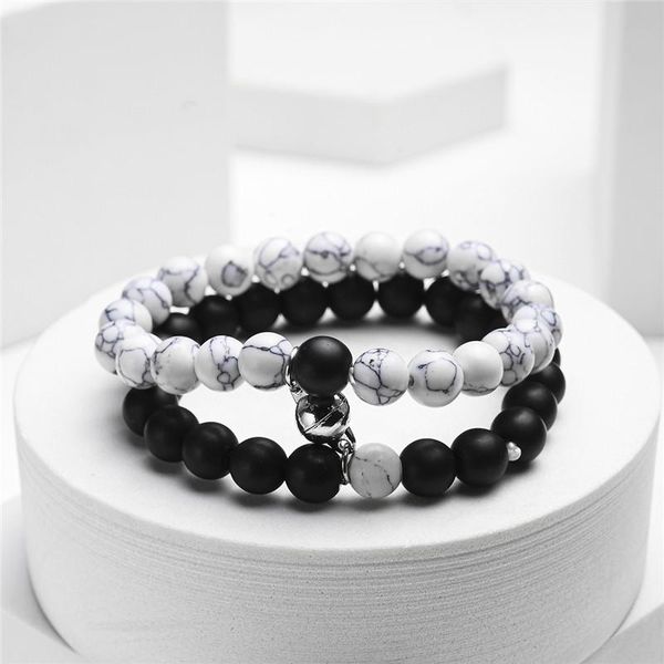 

beaded, strands 2pcs/set white black couple magnetic bracelets natural stone matching bangles for lovers valentine beaded bracelet jewelry g