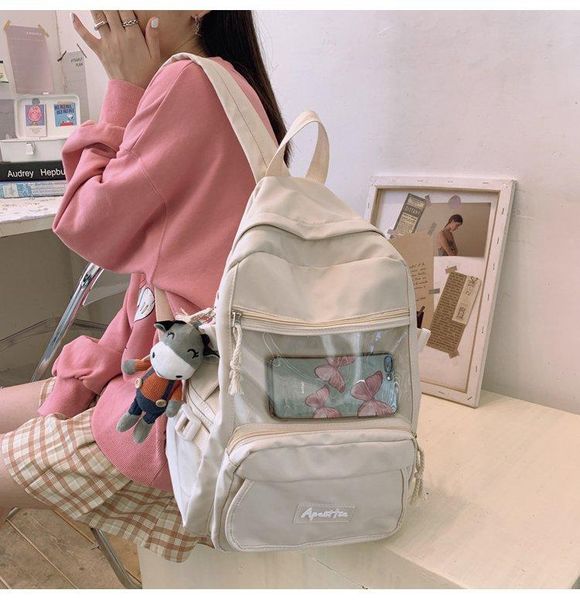 

backpack campus versatile leisure students large capacity transparent splicing sweet girl solid color