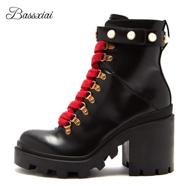 

boots genuine leather women cross-tied pearl decor buckle belt thick heel autumn winter runway botas mujer, Black