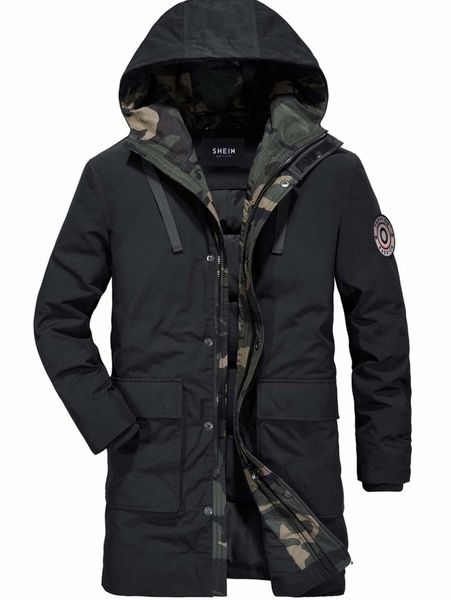 

men camo print letter patched flap pocket drawstring hooded down coat d6a5#, Black;brown