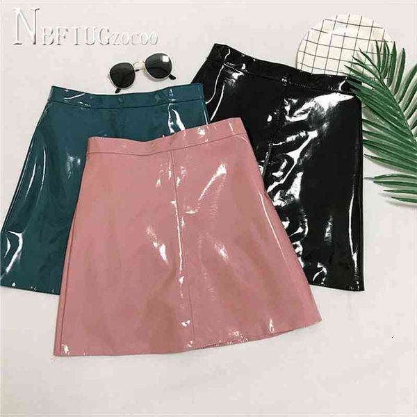 

shiny pu leather women skirt korean high waist a line mini female skirts, Black