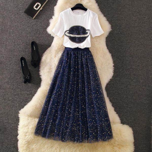 

two piece dress 2021 summer set women sequined t shirt + sparkling shining mesh skirt 2 outfits for, White