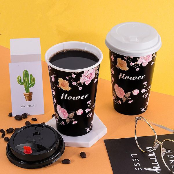

disposable cups & straws 50pcs thickening black milk tea cup wedding birthday party favor coffee drink paper with lids