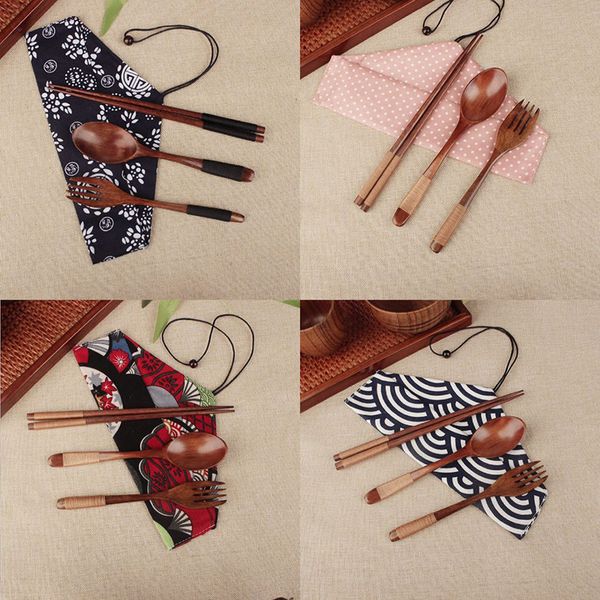 

3pcs/set wood chopsticks spoon fork sets with package bags kitchen dinnerware sets wedding favors gifts