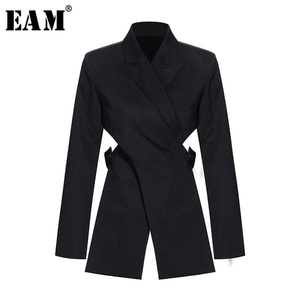 

[eam] women black cross bandage short blazer lapel long sleeve loose fit jacket fashion spring autumn 1t126 211019, White;black