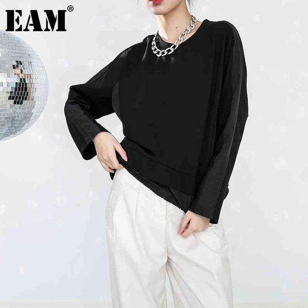 

[eam] loose fit black green sweatshirt round neck batwing sleeve women big size fashion spring autumn 1dd07440 210512