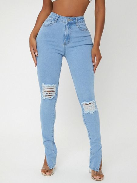 

sxy ripped split hem skinny jeans k8jh#, Blue