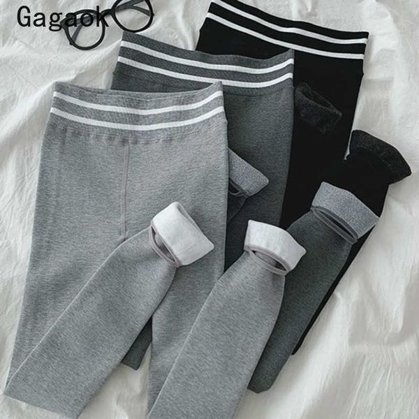 

women basic pant winter high striped thick warm slim outwear korean simple casual fashion wild pants 210531, Black;white