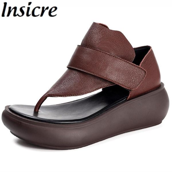 

dress shoes insicre full genuine leather women sandals round toe wedges platform 2021 summer casual brown handmade pinch flip, Black