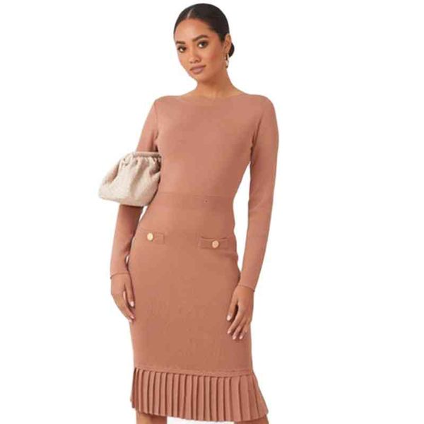 

dresses 2021 spring women's ladies round neck long sleeve pleated solid color winter bottom slim vestidos, Black;gray