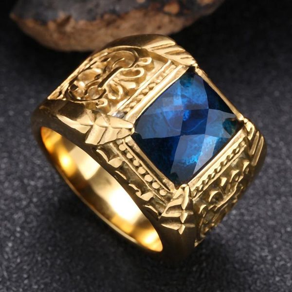 

cluster rings square blue zircon men ring gold color classic wedding band male titanium stainless steel biker jewelry gift jz0013, Golden;silver