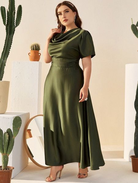 

plus cowl neck ruched waist flare hem satin dress r5kg#, Black