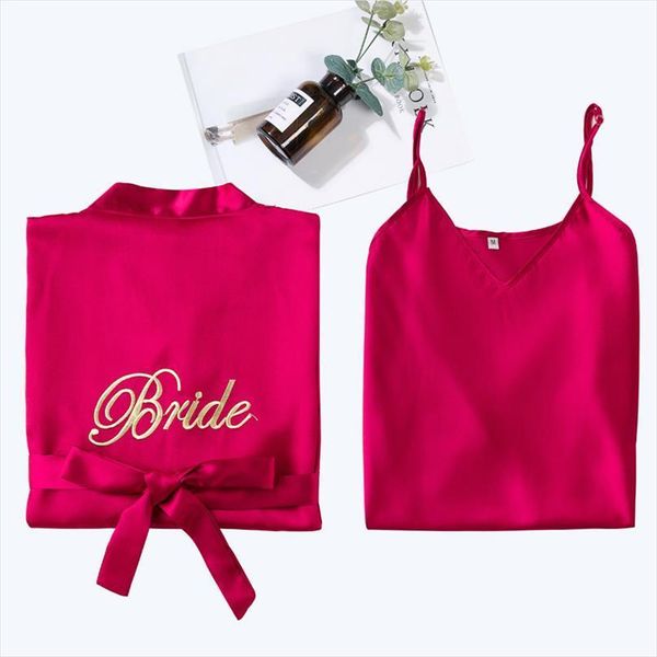 

embroidery bride bridesmaid wedding womens sleepwears robe set rayon 2pcs summer casual kimono bathrobe nightgown suit l 2xl, Black;red
