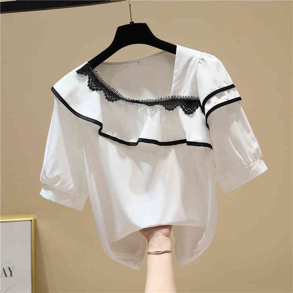 

spring summer new solid irregular collar lace patchwork chiffon ruffles loose short-sleeved blouse women 210421, White