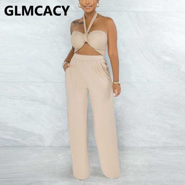 

two piece chic suits solid tube & loose pants set 210702, White