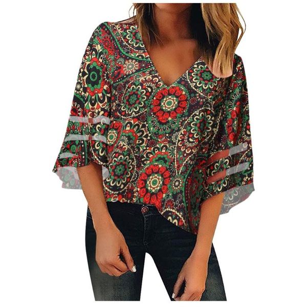 

women v neck mesh panel blouse 3/4 bell sleeve casual loose shirt plus size vintage print shirts #4 women's blouses &, White