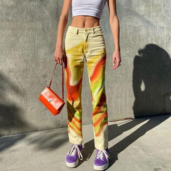 

women's pants & capris tie dye print straight women harajuku vintage streetwear high waist trousers causal colorful pantalones pantalon, Black;white