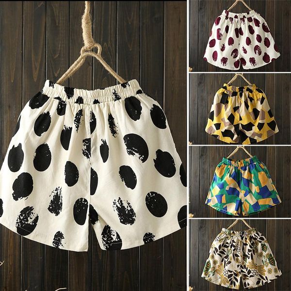 

women's casual shorts cotton and linen printed high waist, White;black