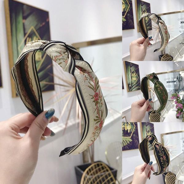 

center knot hair hoop retro head floral headband women girls accessories embroidery flower webbing band1