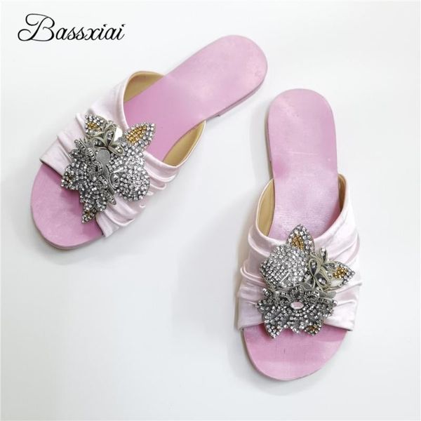 

pleated satin crystal flower decor lazyman mules flat heel jeweled rhinestone open toe women slippers summer, Black