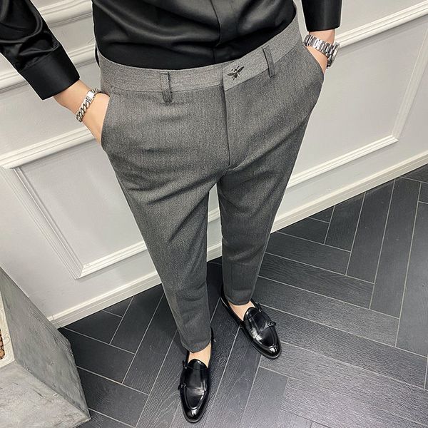

men's pants british casual gray black suit 40 42 size embroidered pant mens trousers formal slim men spring pxib