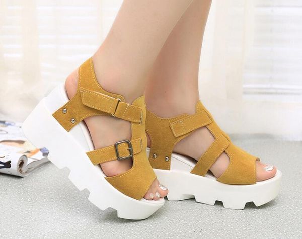 

summer autumn women's buckle shallow mouth casual shoe high-heel wedge heel female sandals round toe suede, Black