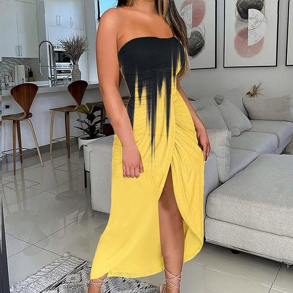 

casual dresses stripe for women strapless tube fashion summer harajuku floral ruched wrap split dress robe femme Ã©tÃ©, Black;gray