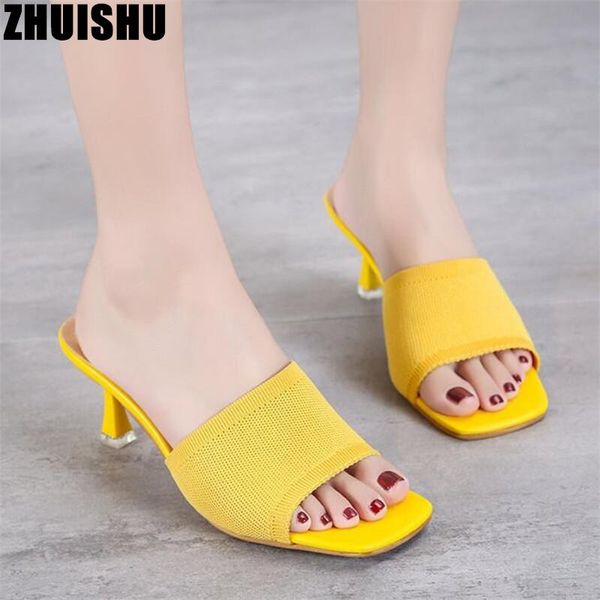 

slippers women's summer woman mesh breathable mid heel female shoes fashion square head open toe slip through, Black