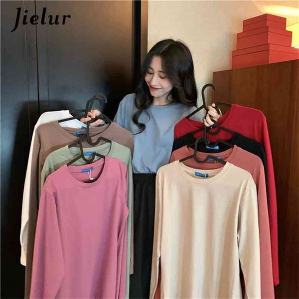 

jielur solid color t-shirt long sleeve autumn t shirt women new tee shirt o-neck femme hipster ladies tshirt  210401, White