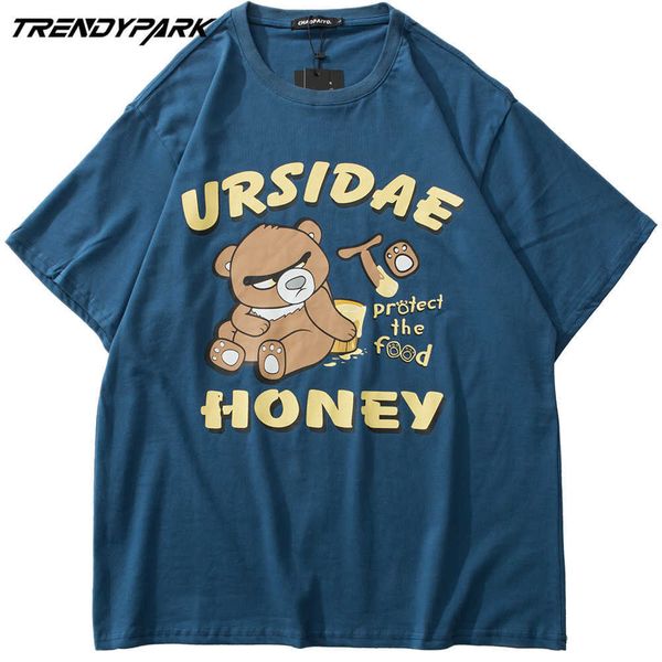 

men's t-shirt cute bear print summer short sleeve tee hip hop oversized cotton casual harajuku streetwear tshirts men 210601, White;black