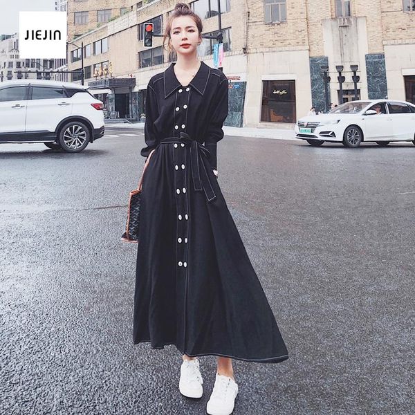 

dress women cowboy blue long vintage retro casual lapel sleeve shirt dressse vestido elegant sundress dresses, Black;gray