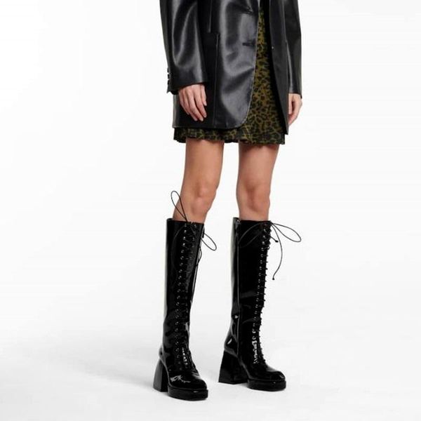 

boots punk style patent leather knee high for woman platform heel all matched riding winter warm snow, Black