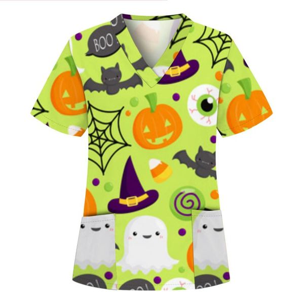 

women's t-shirt women short sleeve v-neck tshirt working uniform t shirt pumpkin ghost print camiseta mujer verano #p2, White