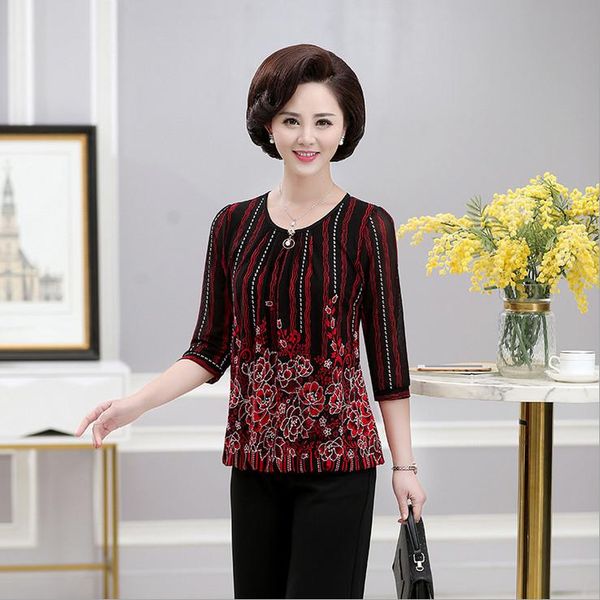 

women's t-shirt middle age women summer clothing stretch plus size mother lace mesh three quarters t-shirts pullovers, White