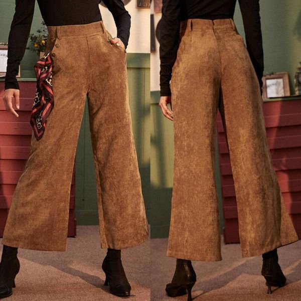 

women flared vintage corduroy wide leg elastic high waist trousers ladies plain loose baggy work casual straight long pants women's & c, Black;white