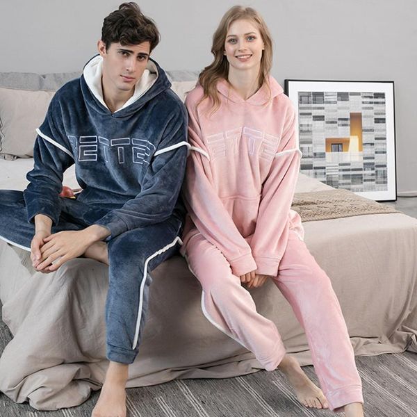

couple hoodie flannel pajamas womens sleepwears set thick pjama men winter warm sleepwear fashion plush homewear clothes, Black;red