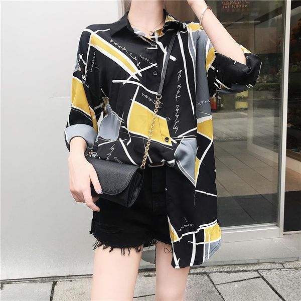 

women's blouses & shirts #1902 summer korean fashion long sleeve shirt women irregular loose geometric printed casual asymmetric blouse, White