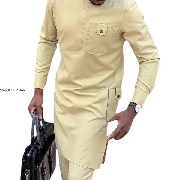 

men's casual shirts pure color pocket long sleeve autumn and winter cotton african arab ethnic retro shirt, White;black