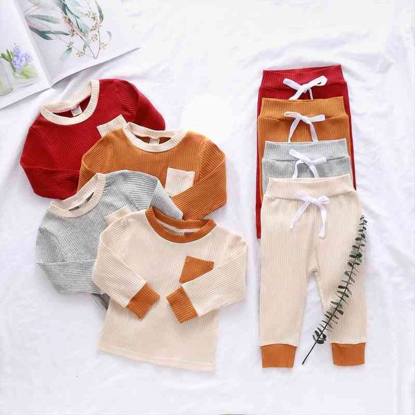 

0-4years infant kids baby ribbed outfits fall winter clothes 2pcs baby boy girl long sleeves pocket pullovers lace-up pants set, White