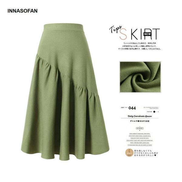 

skirts innasofan warm knitted skirt women autumn winter high waist fashion high-end chic solid color, Black