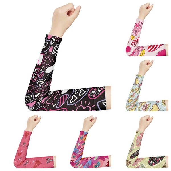 

girls pink love printed arm warmers sun uv protection compression hand cover cycling running volleyball breathable ice sleeves elbow & knee, Black;gray