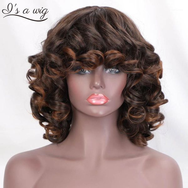 

i's a wig short curly afro with bangs dark brown hair synthetic wigs for women heat resistant fiber daily party wigs1, Black