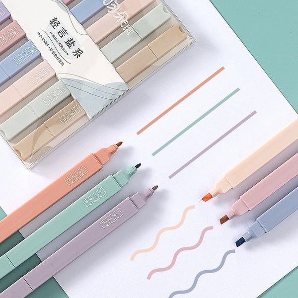 

highlighters 6pcs/set light-color soft-tip highlighter double-headed kawaii marker pen student office cute stationery, Black;red
