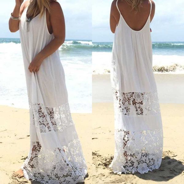 Elegante Böhmische Spitze DrDamen Spaghetti Strap Strand SundrZANZEA Sommer Maxi Vestidos Weibliche BacklOversized Größe X0529