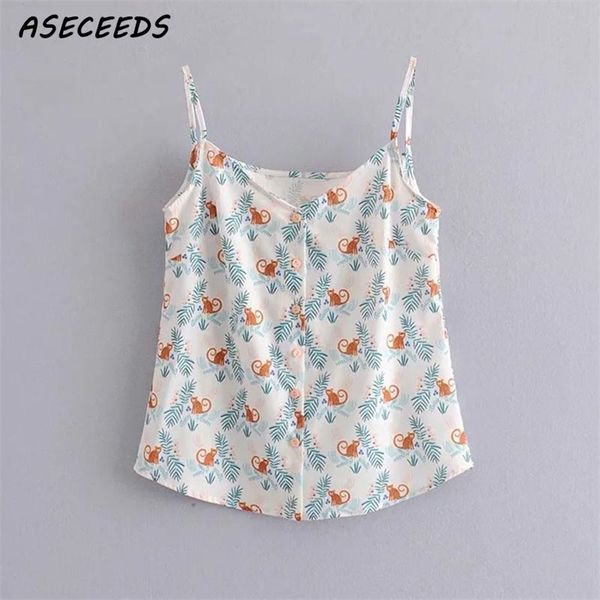 

button v neck white tank women summer female kawaii monkey print sleeveless crop korean casual streetwear 210401