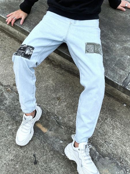 

men letter and paisley print jeans t7qv#, Blue